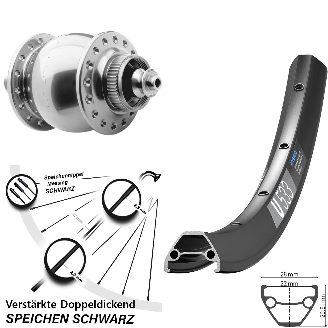 Centerlock Dynamo-Vorderrad QR 29 Zoll DT Swiss U 533 SON 28
