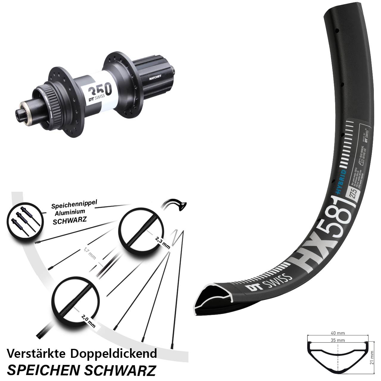 DT Swiss HX 581 DT Swiss 350 27,5 Zoll Disc Hinterrad für Schnellspanner 8-11 fach HG