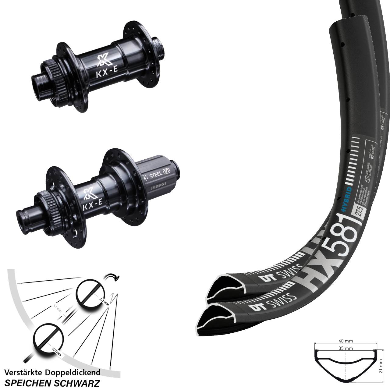 Laufradsatz 27,5 Zoll DT Swiss HX581 KX-E verstärkt 8-12 fach 15x100 12x142