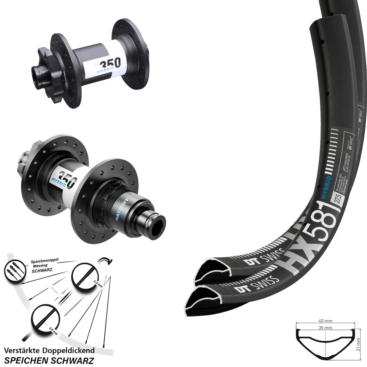27,5 Zoll DT Swiss HX581-350 Hybrid Laufradsatz 6-Loch Boost SRAM XD