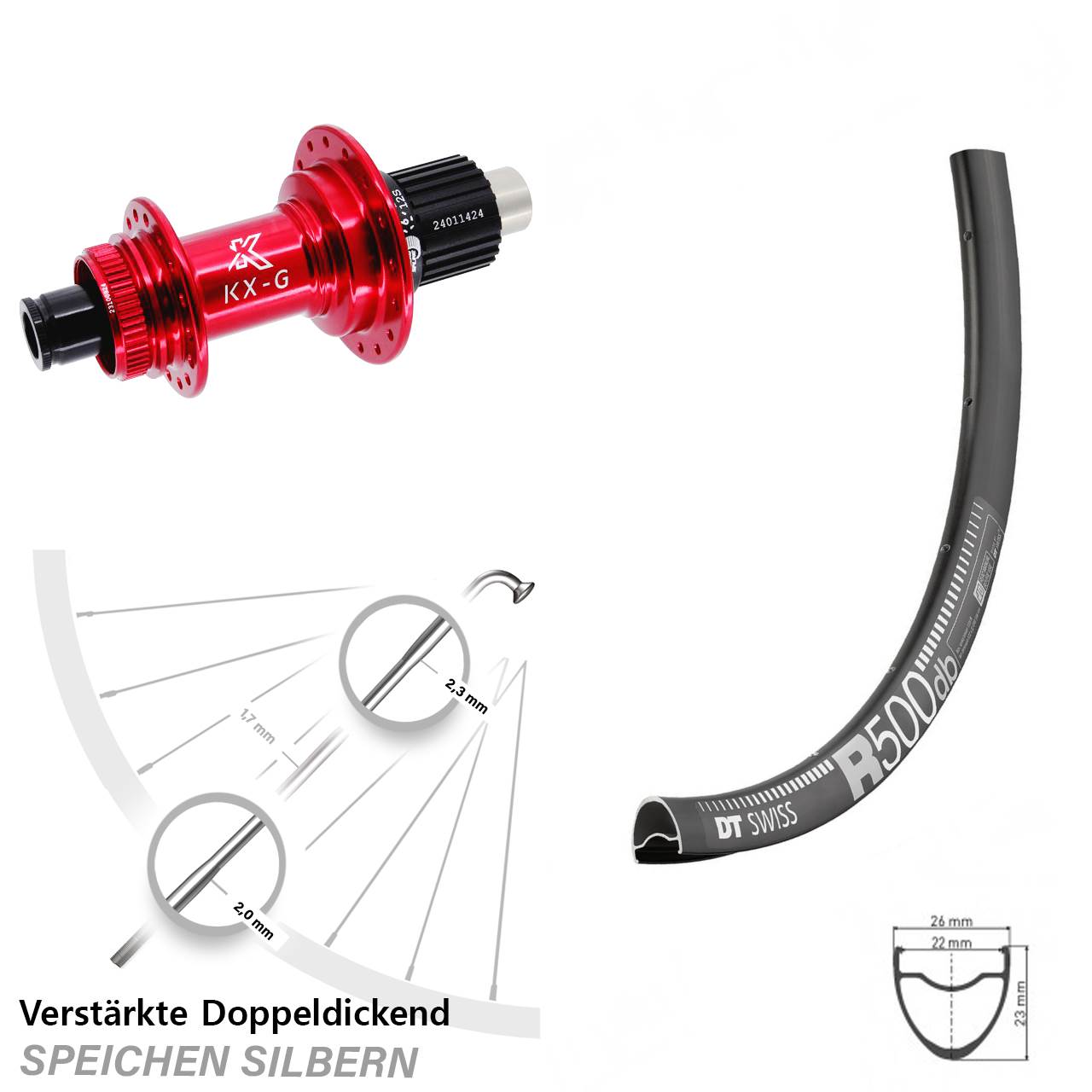 28 Zoll DT Swiss R500 KX-G rot Centerlock Hinterrad 12x142 Micro Spline