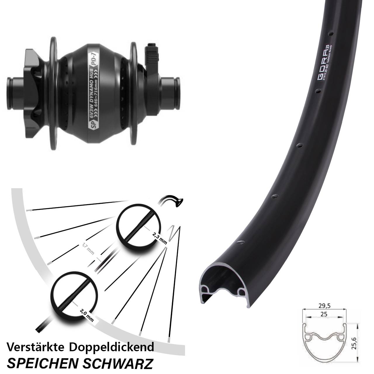 Gora 25 Shutter PD-7 29 Zoll Vorderrad mit Nabendynamo 6-Loch 12x100