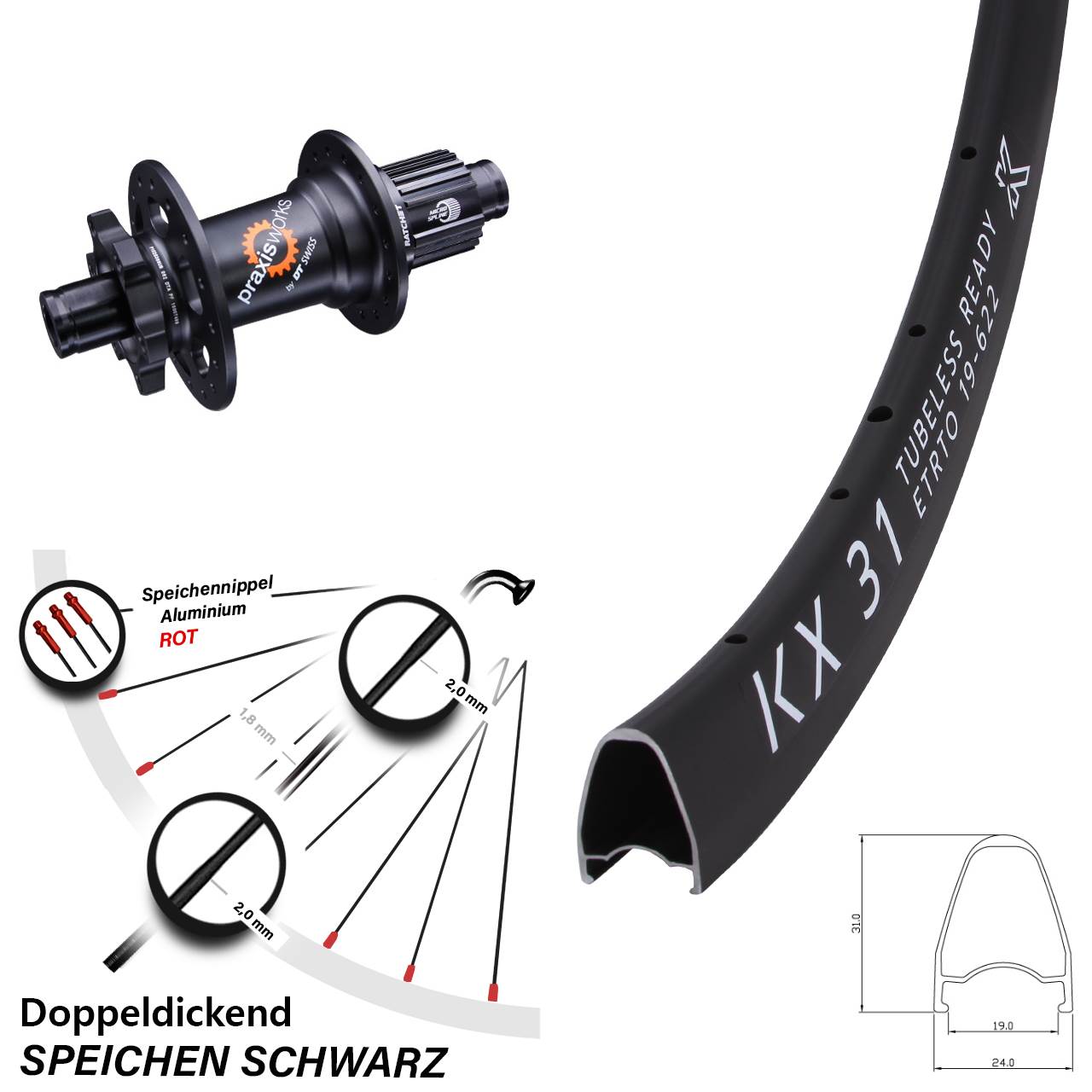 KX31 DT Swiss 350 28 Zoll Disc Hinterrad 12x142 Micro Spline