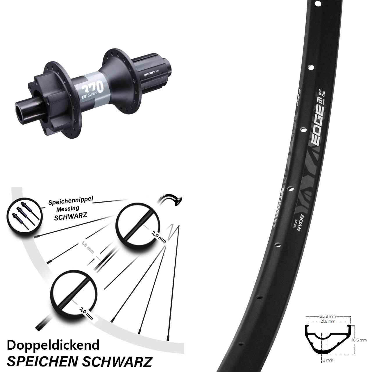 29 Zoll Hinterrad Ryde Edge M22 OS mit DT Swiss 370 Nabe Boost 11-fach