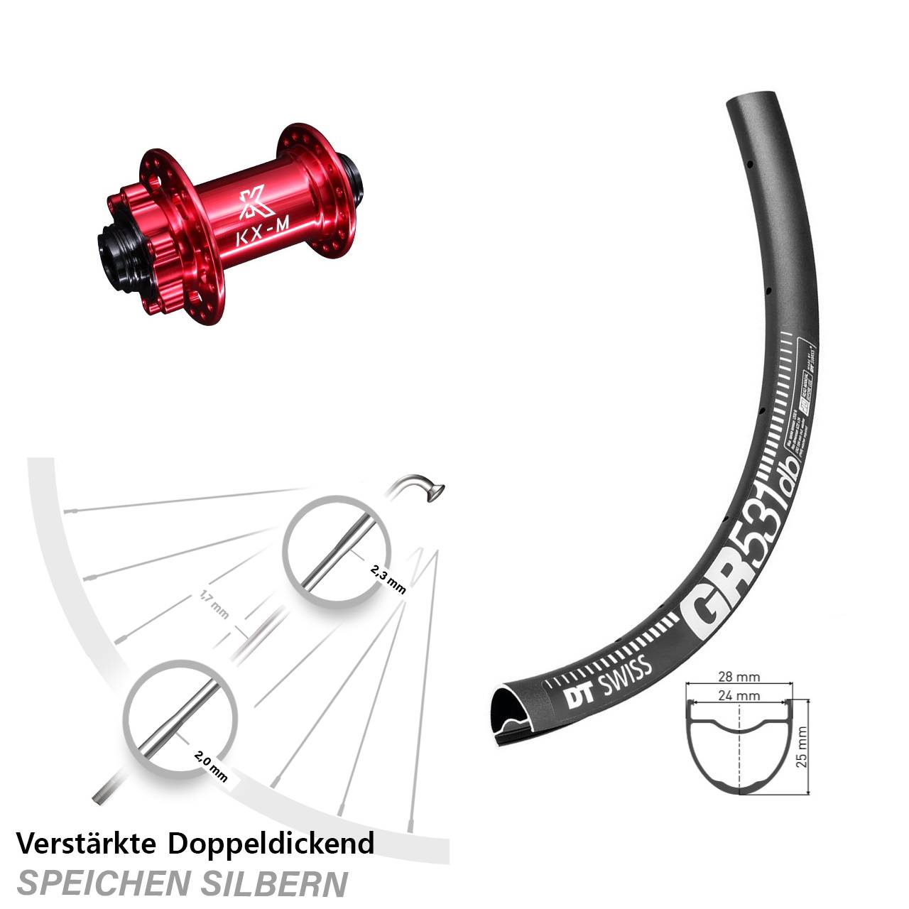 28 Zoll DT Swiss GR531 KX-M rot Disc Laufrad 12x100
