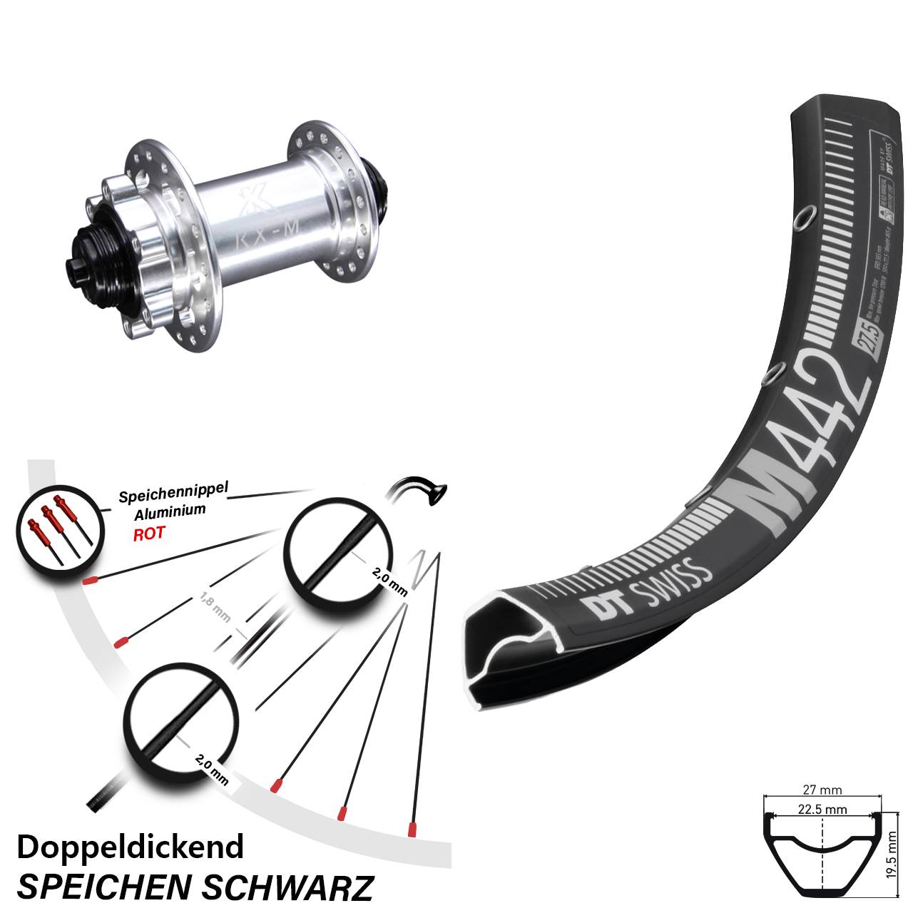 28-29 Zoll DT Swiss M 442 Vorderrad KX-M 6-Loch silbern QR