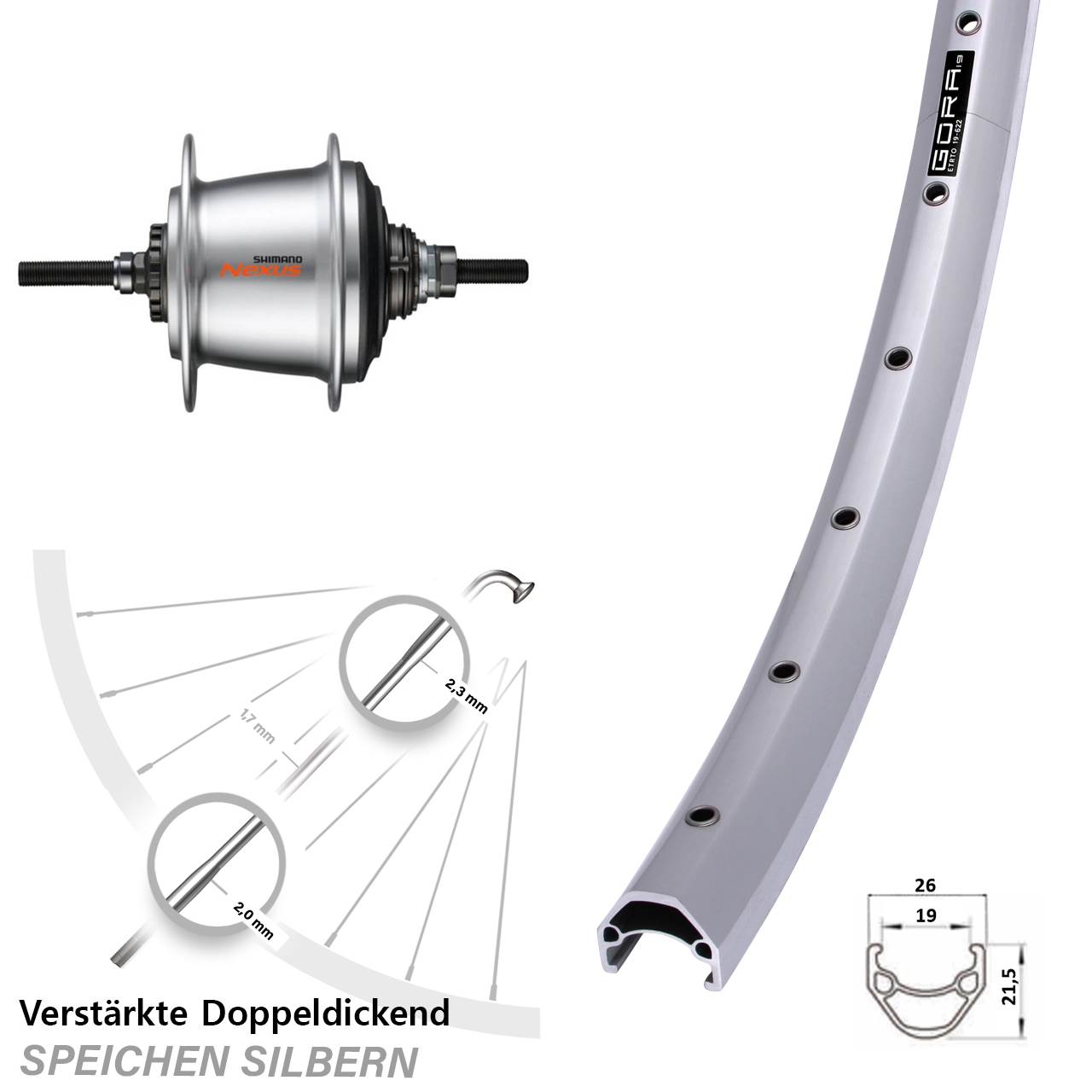 28 Zoll Hinterrad Gora 19 Shimano SG-C3001-7R 7 Gang Nexus Freilauf silbern