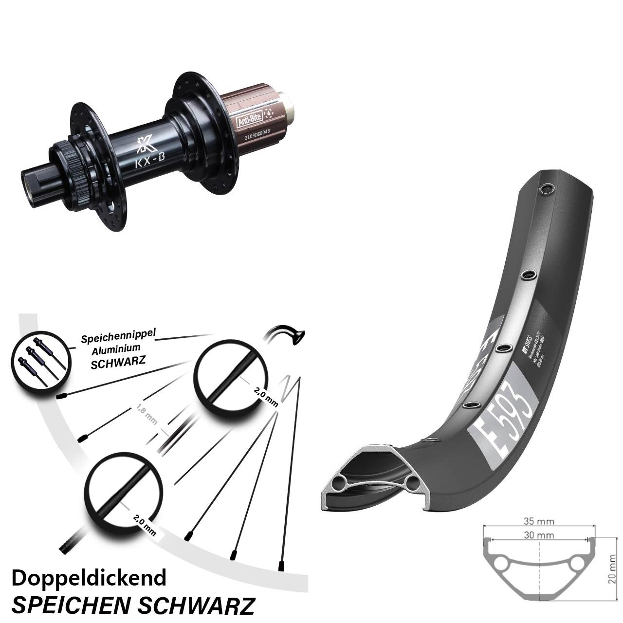 DT Swiss E593 27,5 Zoll Hinterrad KX-B Centerlock 8-12 fach 12x148