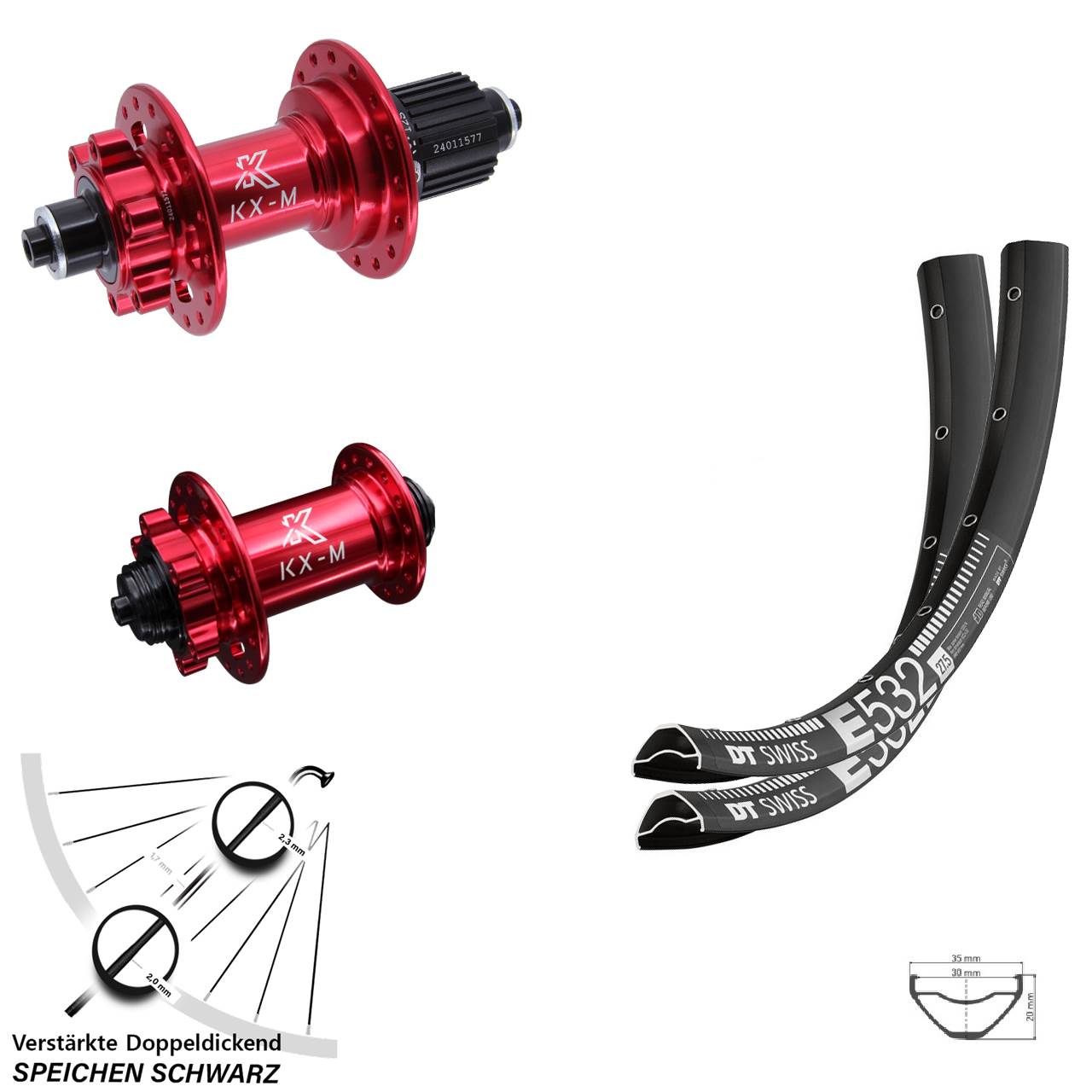 DT Swiss E 532 KX-M rot 27,5 Zoll Disc Laufrad-Satz QR Shimano Micro Spline