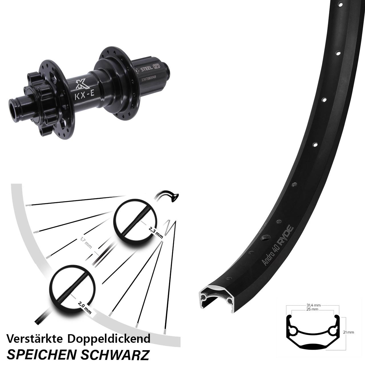 Boost Hinterrad 6-Loch 12x148 26 Zoll Ryde Andra 40 Disc KX-E Heavy Duty 8-12 fach HG