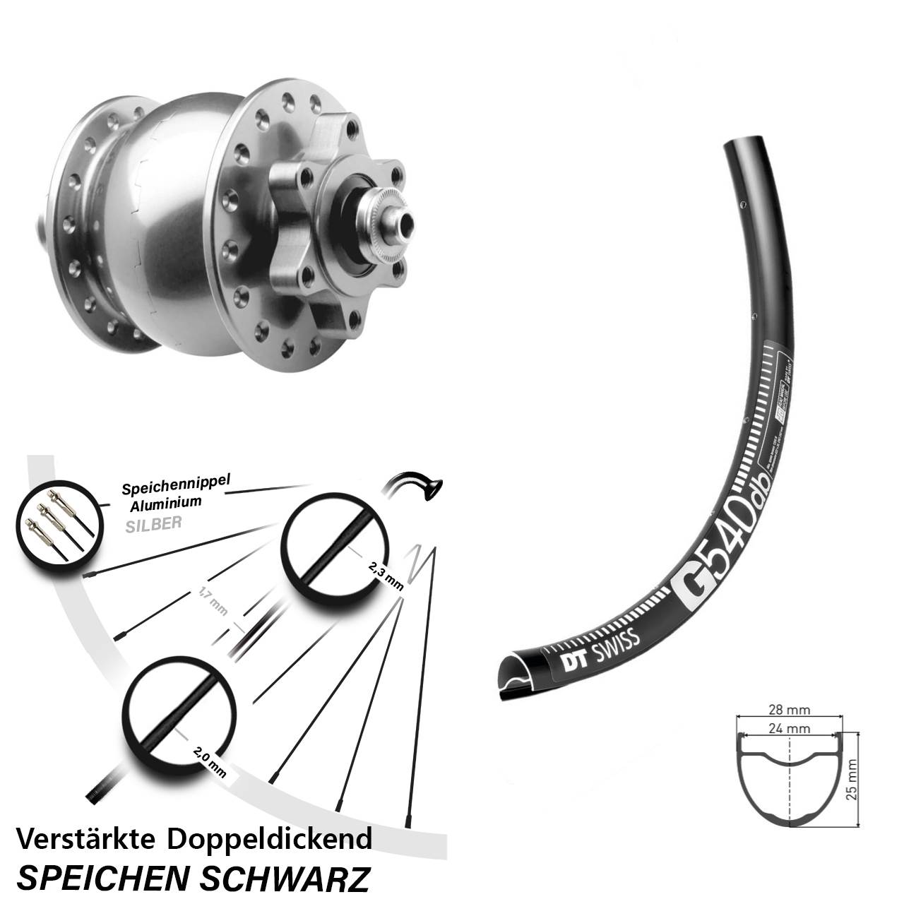 6-Loch Nabendynamo-Vorderrad für Schnellspanner 650B DT Swiss G540 SON 28