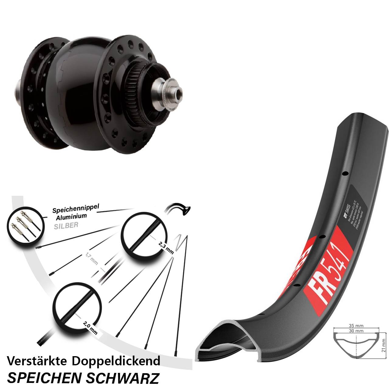 Nabendynamo-Vorderrad Centerlock 27,5 Zoll DT Swiss FR 541 SONdelux QR