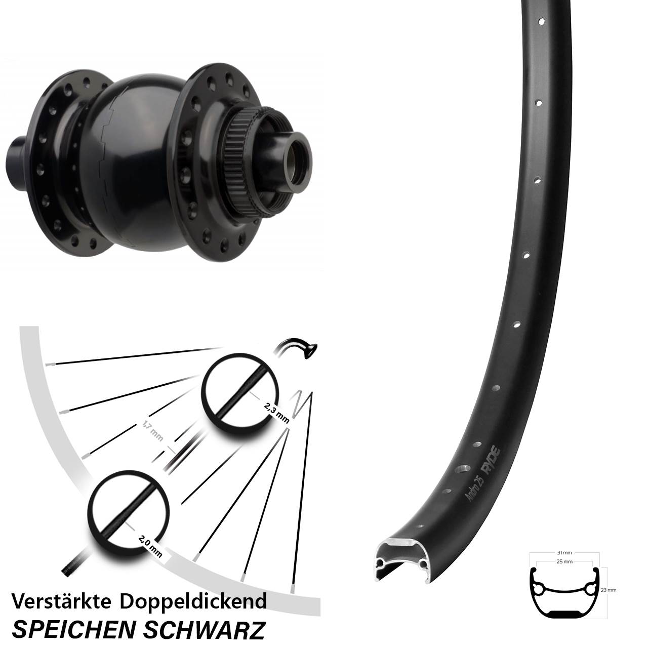 Centerlock Vorderrad mit Dynamo 28 Zoll Ryde Andra 25 SON 28 15x110 Boost
