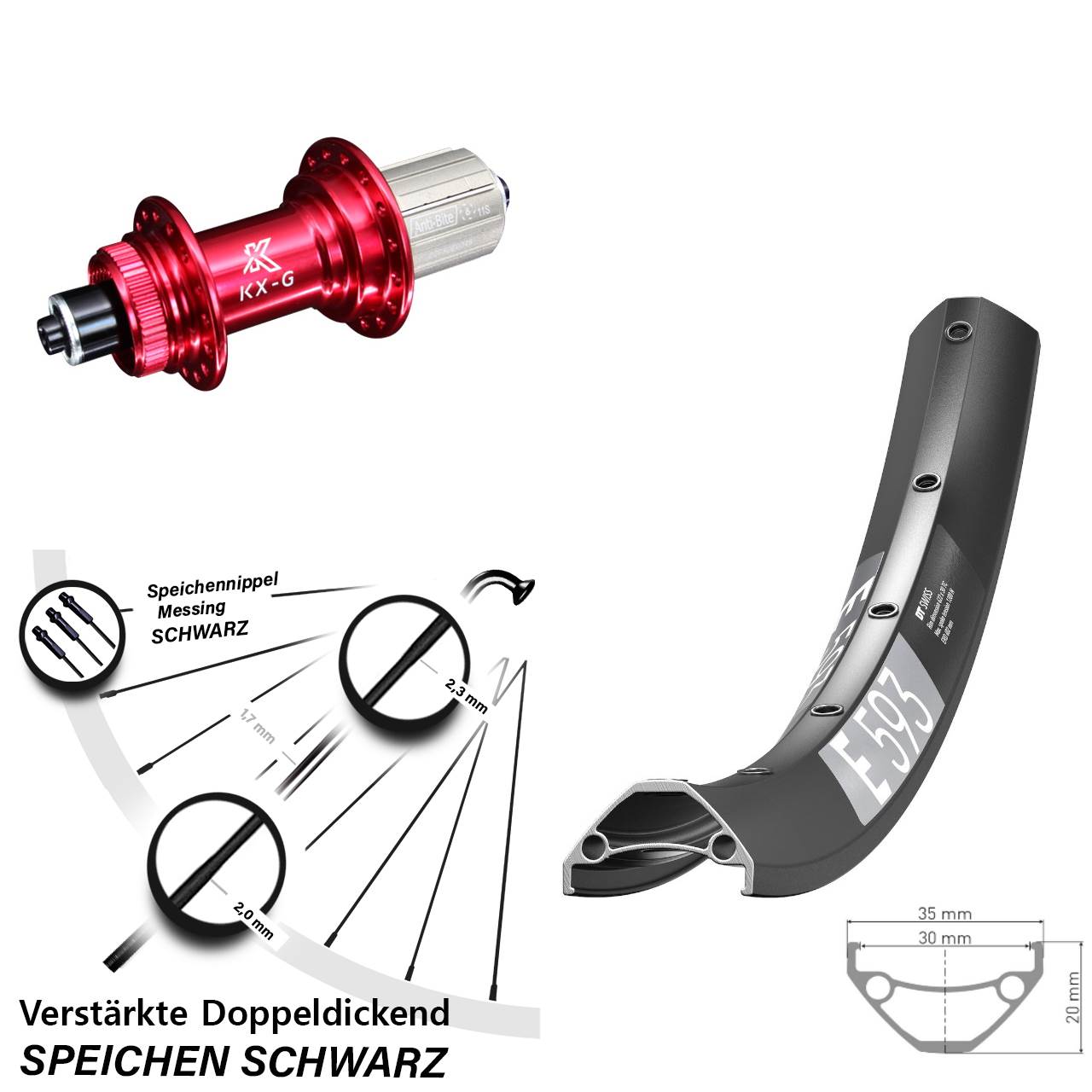 Centerlock Hinterrad 27,5 Zoll DT Swiss E 593 KX-G rot 8-12 fach für Schnellspanner