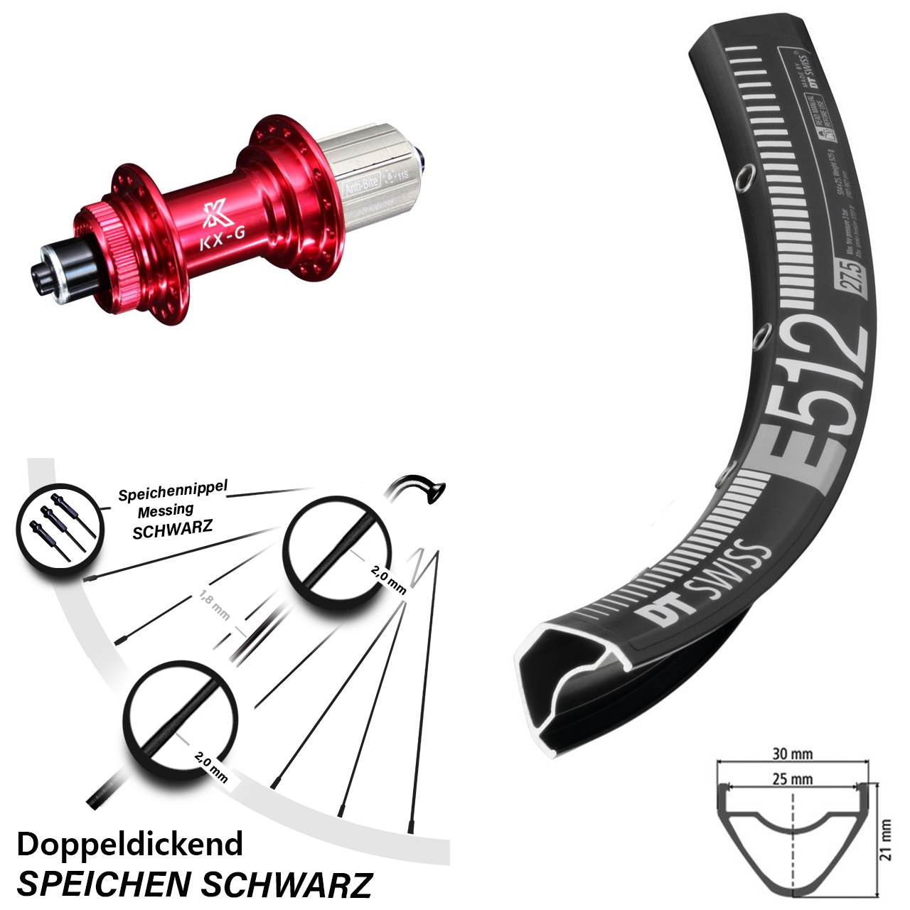 DT Swiss E 512 27,5 Zoll Hinterrad KX-G rot 8-12 fach