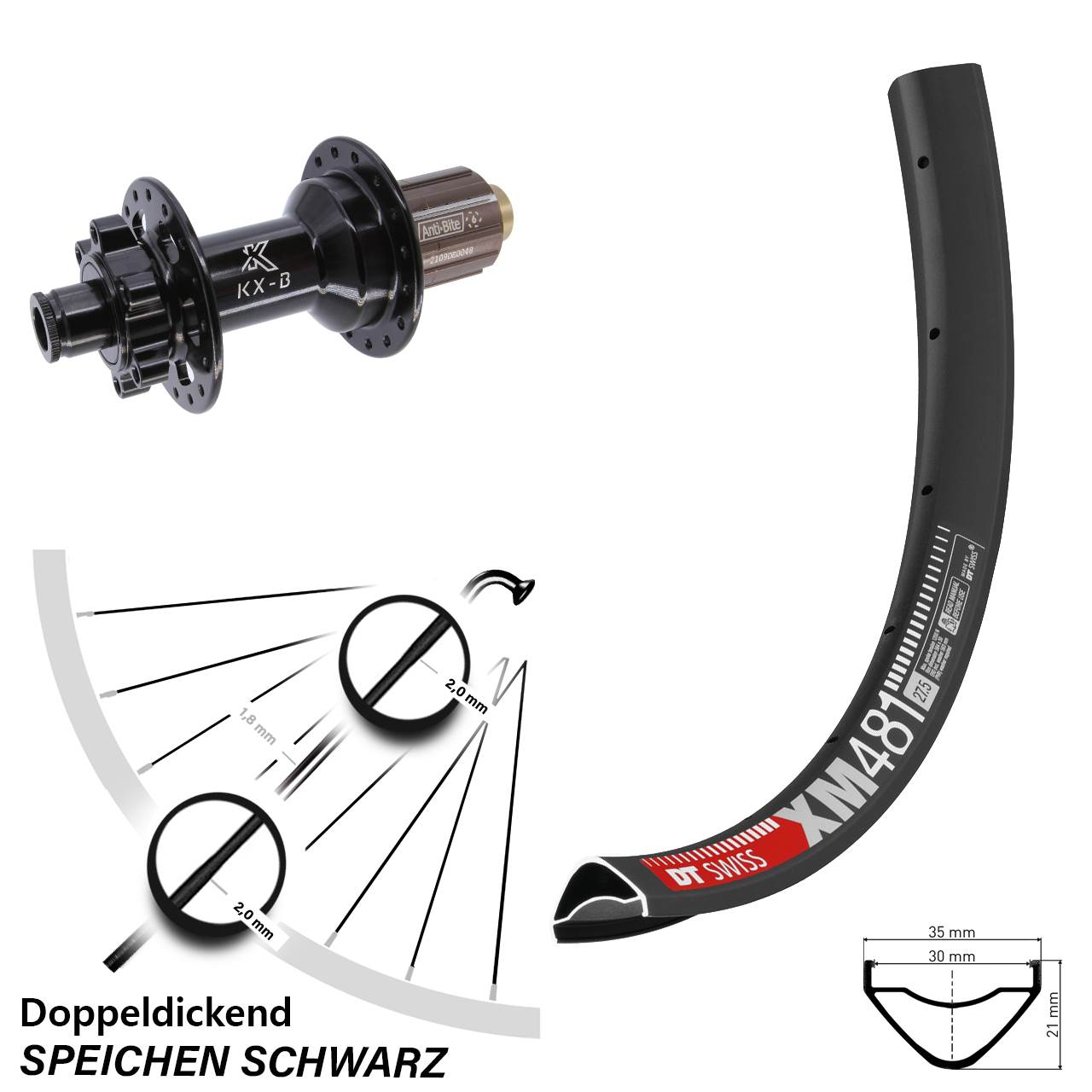 27,5 Zoll DT Swiss XM 481 Hinterrad KX-B 6-Loch 12x148
