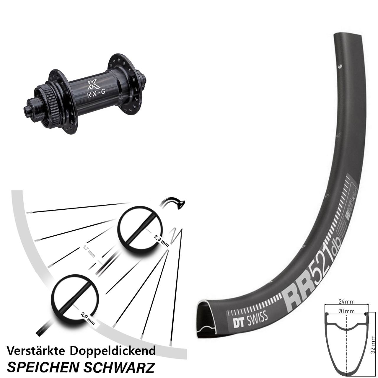 Vorderrad 28 Zoll DT Swiss RR 521 schwarz KX-G 5x100 Centerlock