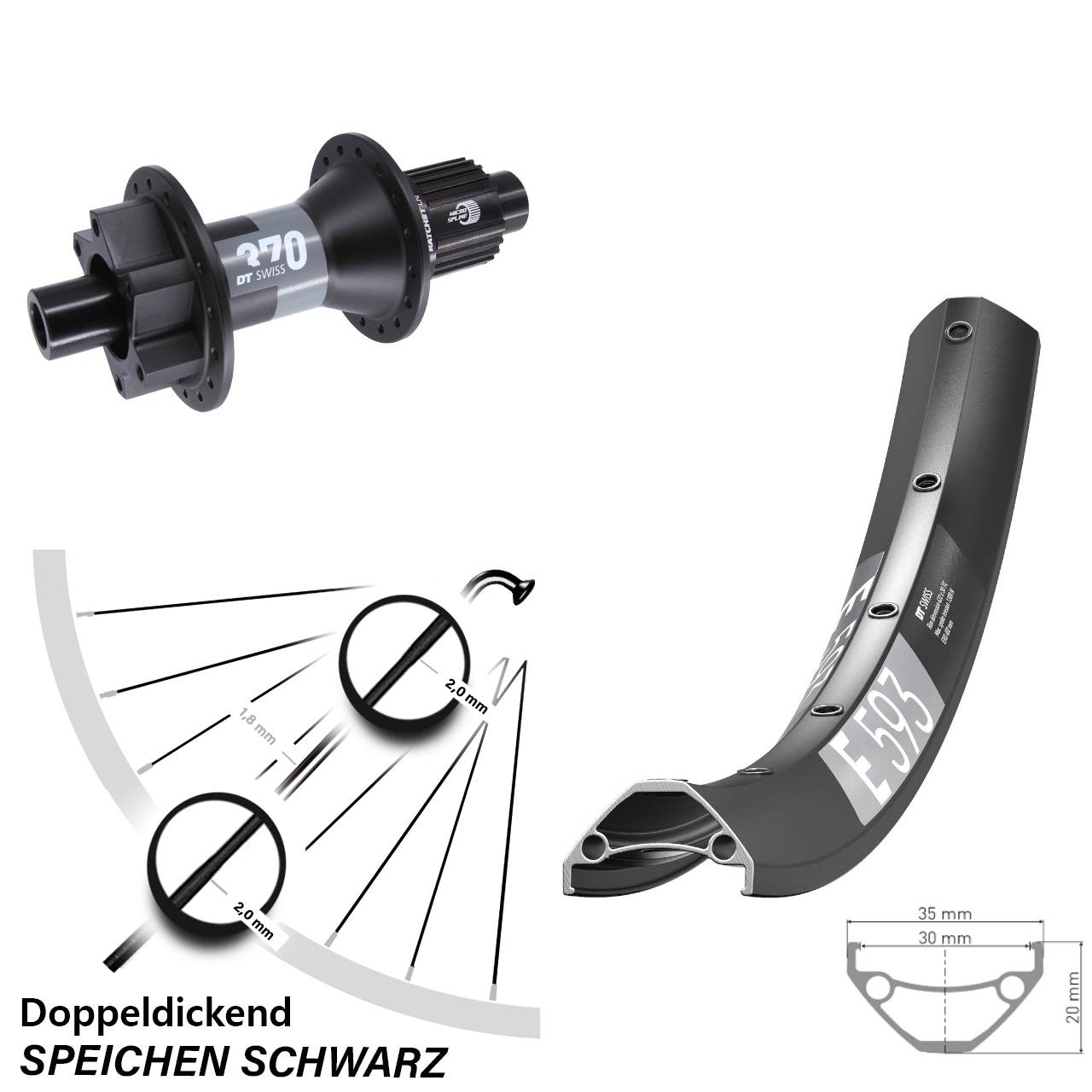 DT Swiss E 593-370 29 Zoll Disc Hinterrad 12x148 Shimano Micro Spline