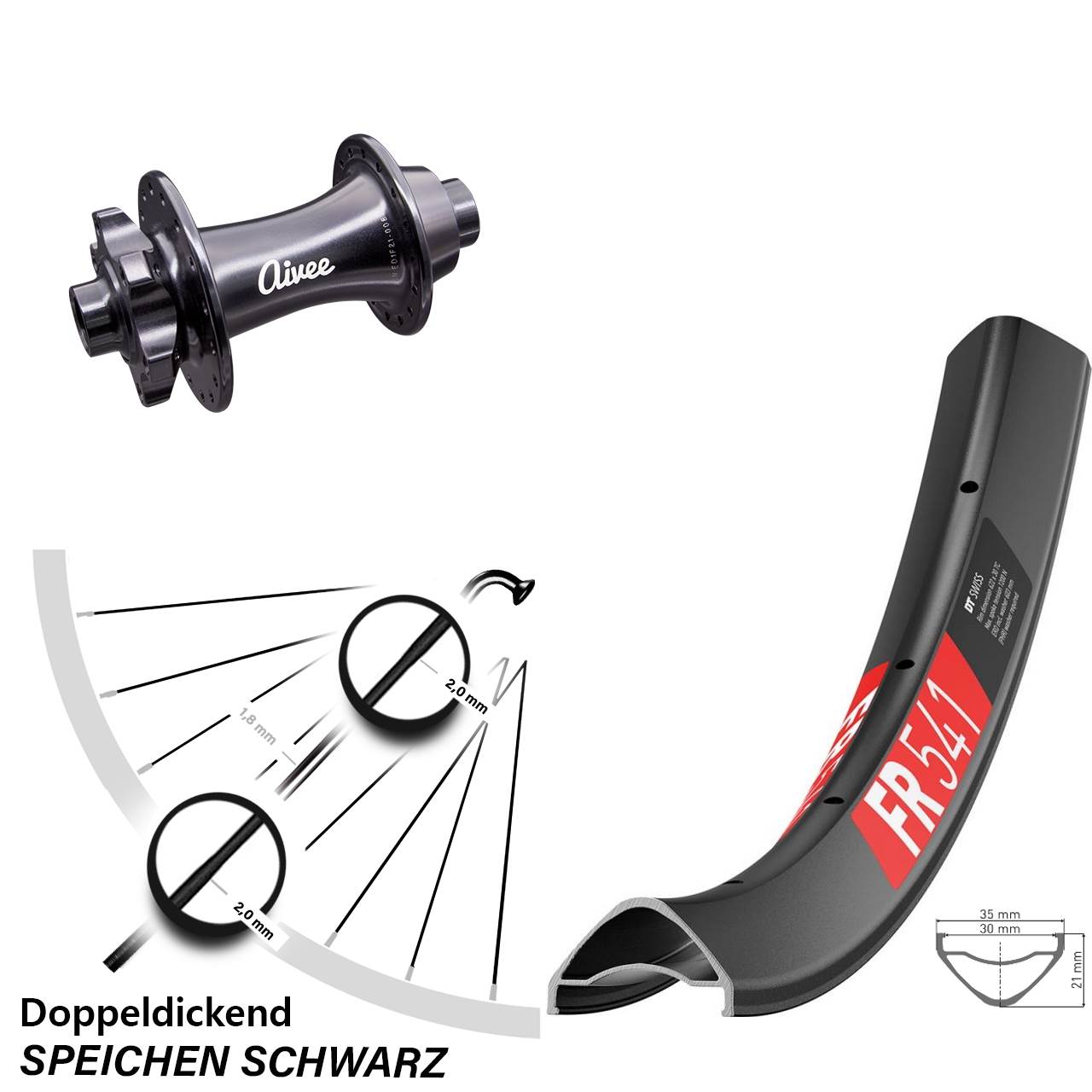 MTB 29 Zoll Vorderrad DT Swiss FR 541 Aivee Classic 6-Loch Boost 15x110 mm