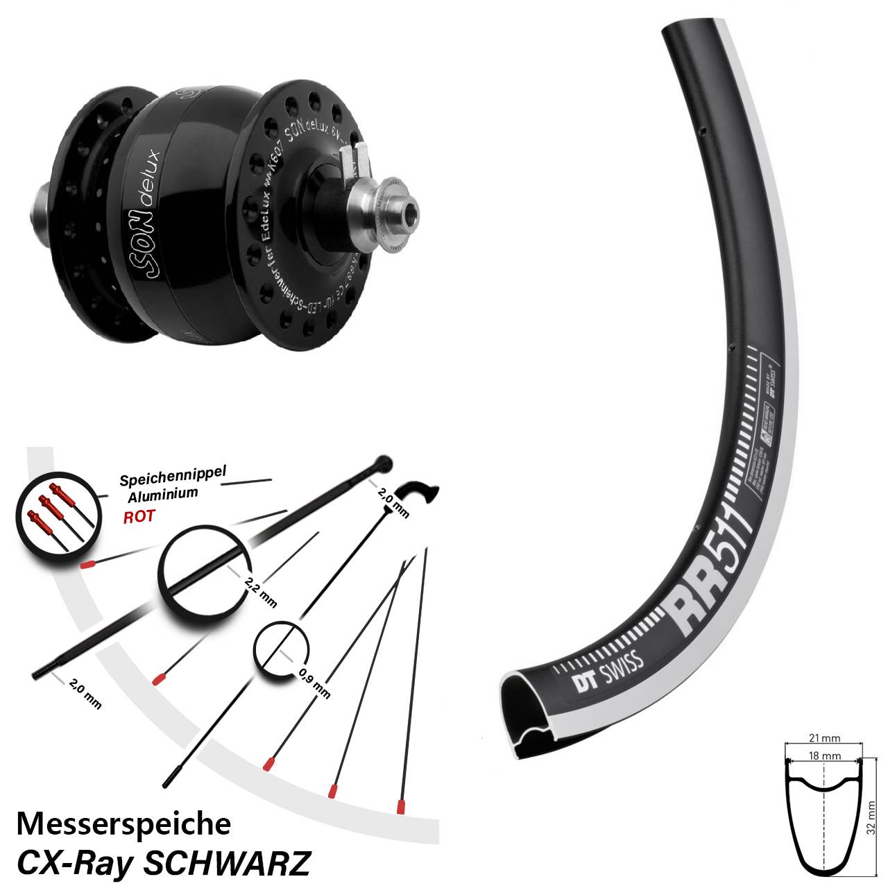 Vorderrad Dynamo SONdelux schwarz QR 24x CX-Ray Messerspeiche DT Swiss RR 511