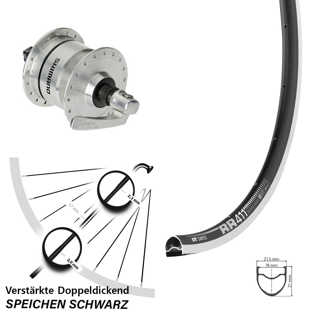 Nabendynamolaufrad 28 Zoll DT Swiss RR 411 Shimano DH3N72 für Schnellspanner