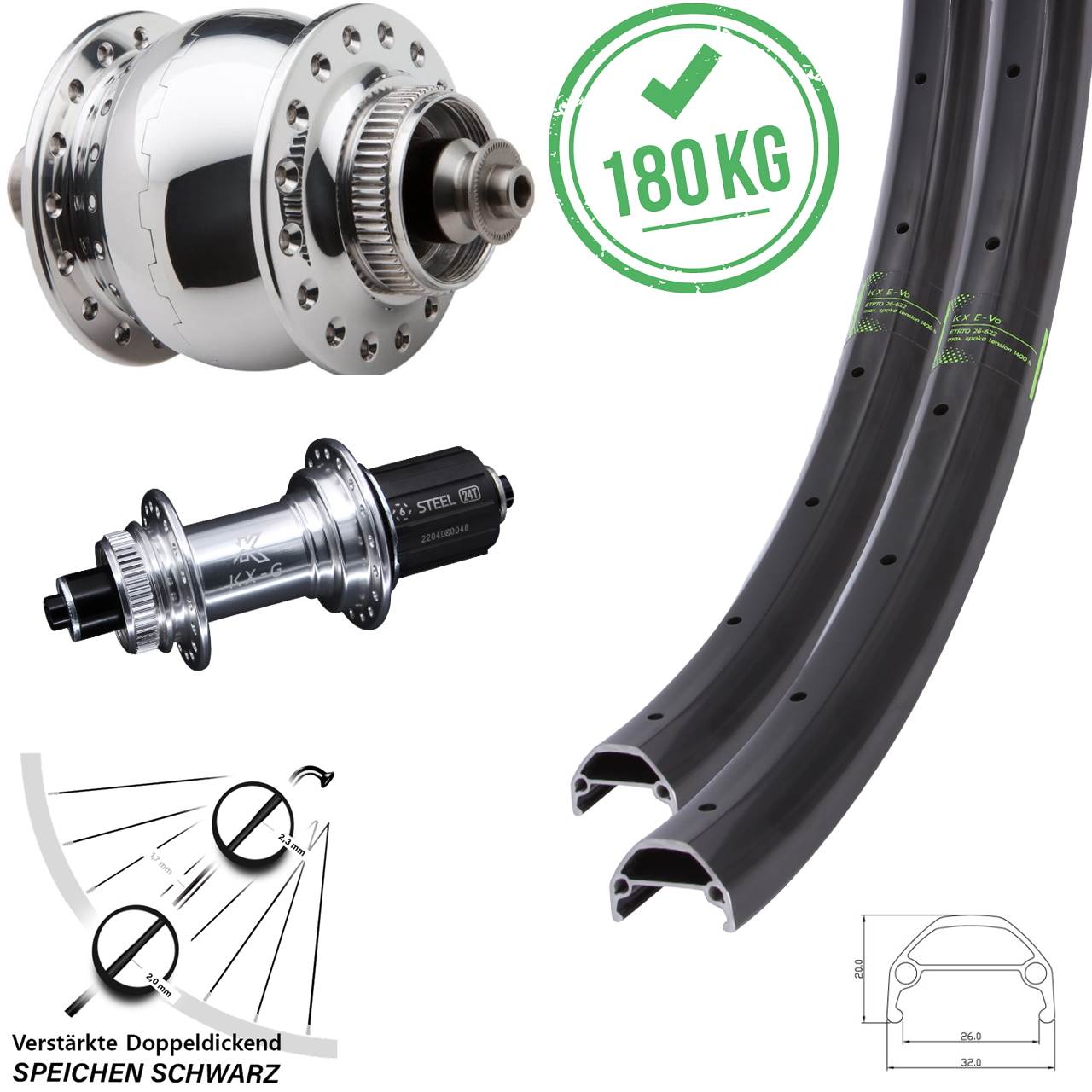 KX-GS Evo verstärkt SON 28 poliert 20/26 Zoll Laufradsatz Centerlock QR 8-12 fach