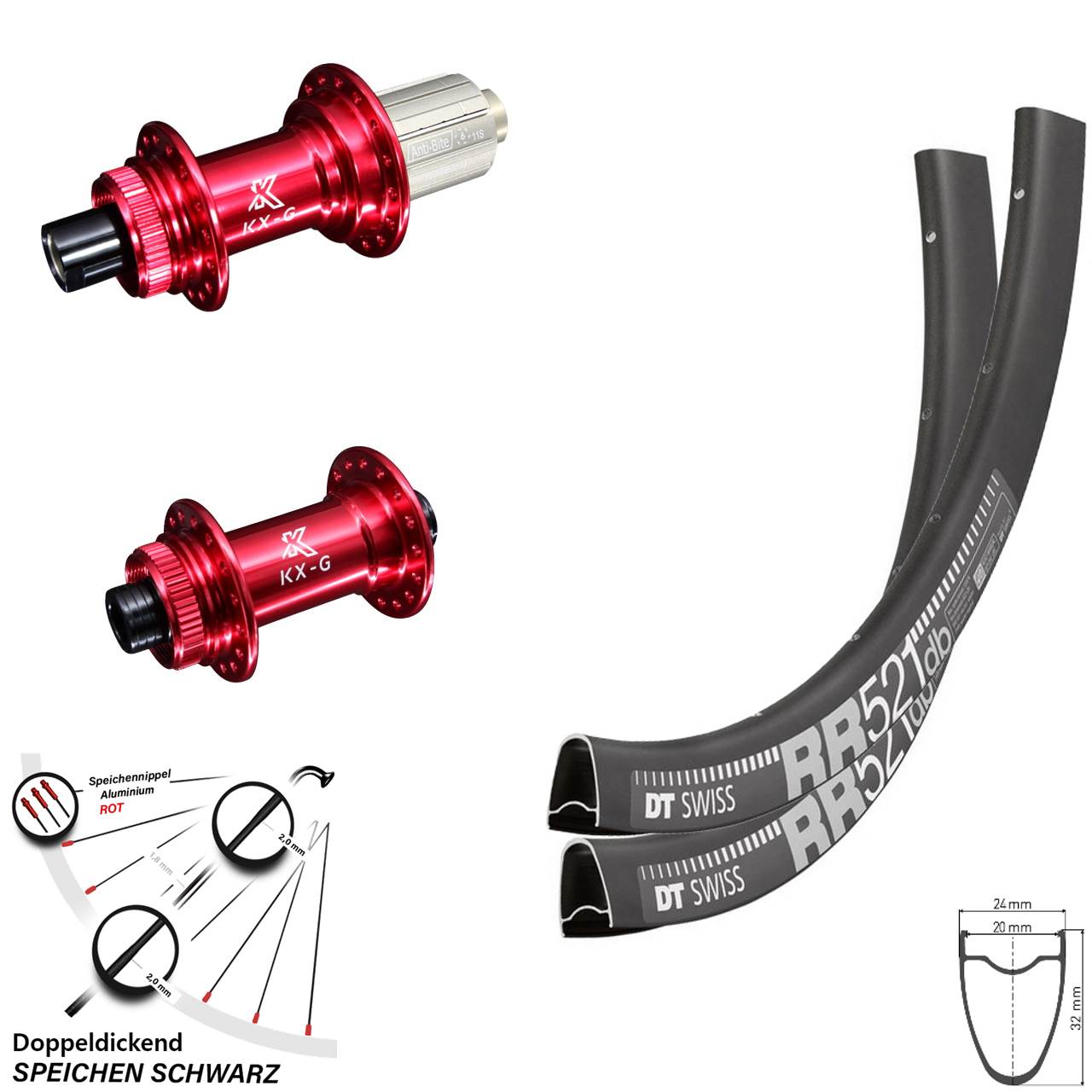 Disc Laufrad-Satz 28 Zoll DT Swiss RR 521 KX-G rot 8-12 fach 12x100/142