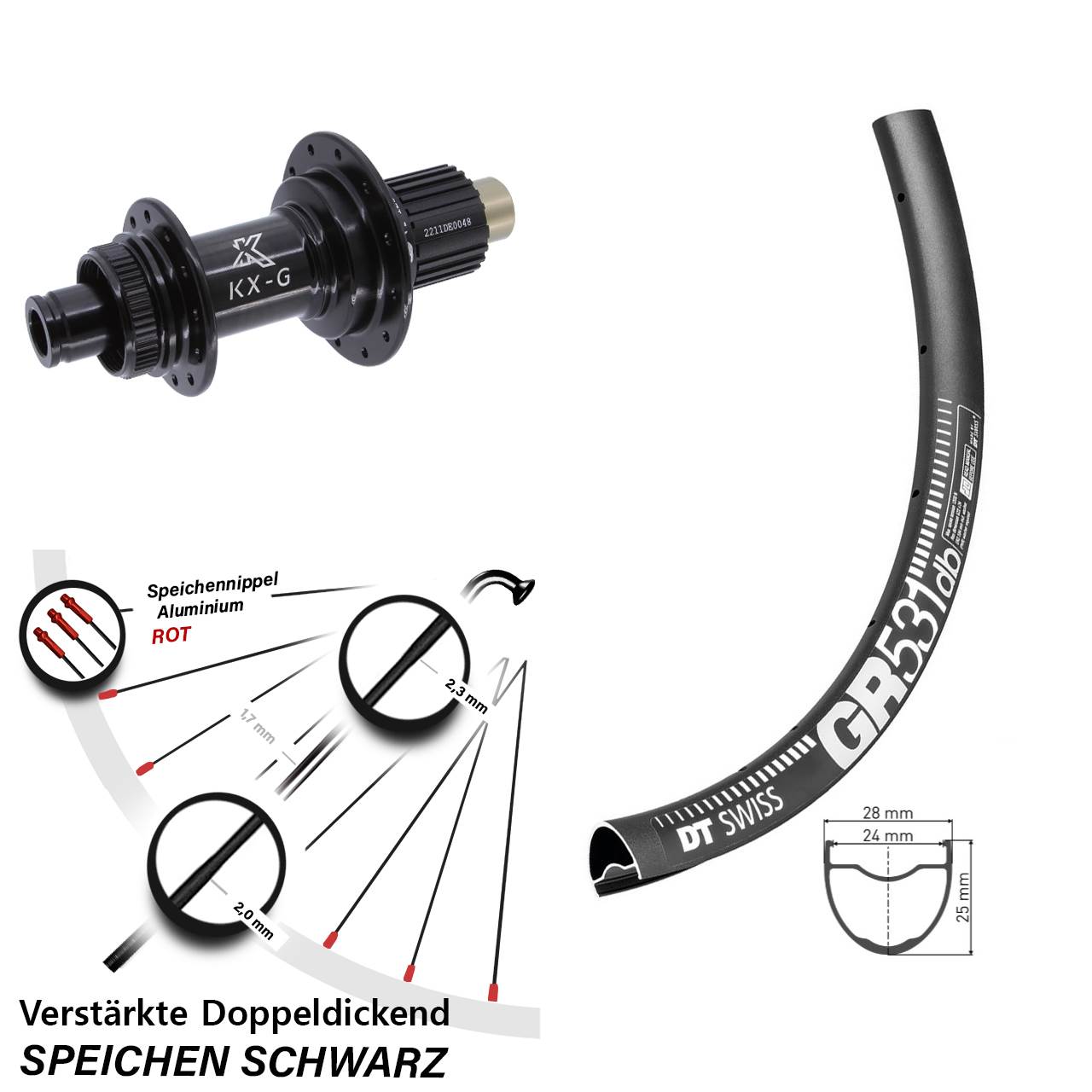 28 Zoll DT Swiss GR531 KX-G Steckachse Centerlock Hinterrad 12x142 Micro Spline