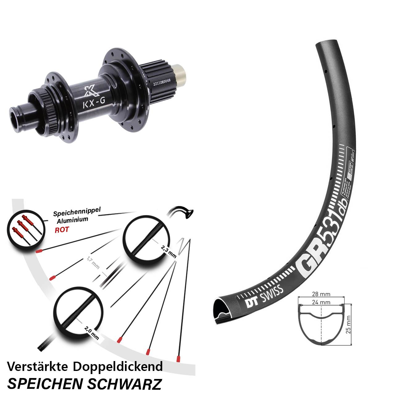 28 Zoll DT Swiss GR531 KX-G Steckachse Centerlock Hinterrad 12x142 Micro Spline