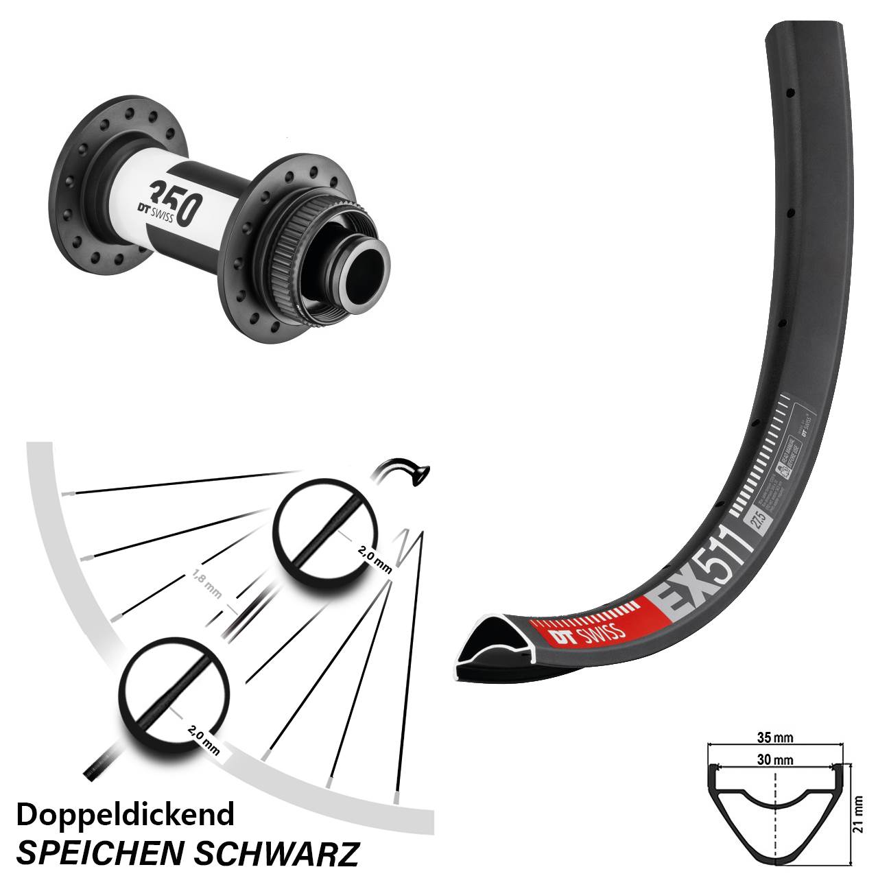 Vorderrad Centerlock Boost 15x110 mm 350 DT Swiss EX 511 schwarz Steckachse 29 Zoll