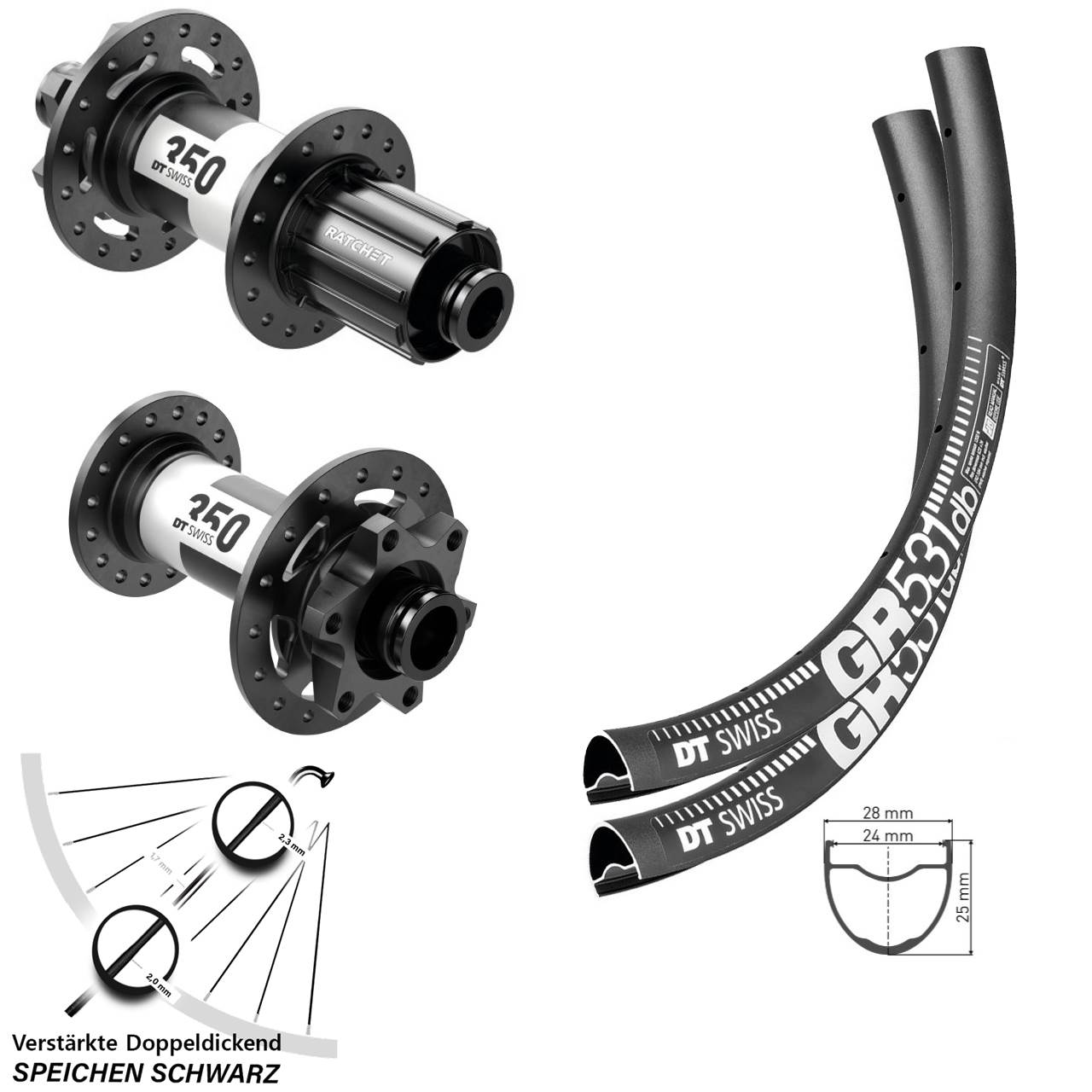 28 Zoll DT Swiss GR 531 350 Laufradsatz 6-Loch 15x110 12x148 8-11 fach HG