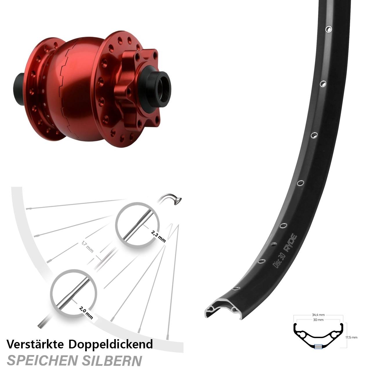 SON 28 rot Ryde Disc 30 29 Zoll Vorderrad mit Nabendynamo 6-Loch 15x100
