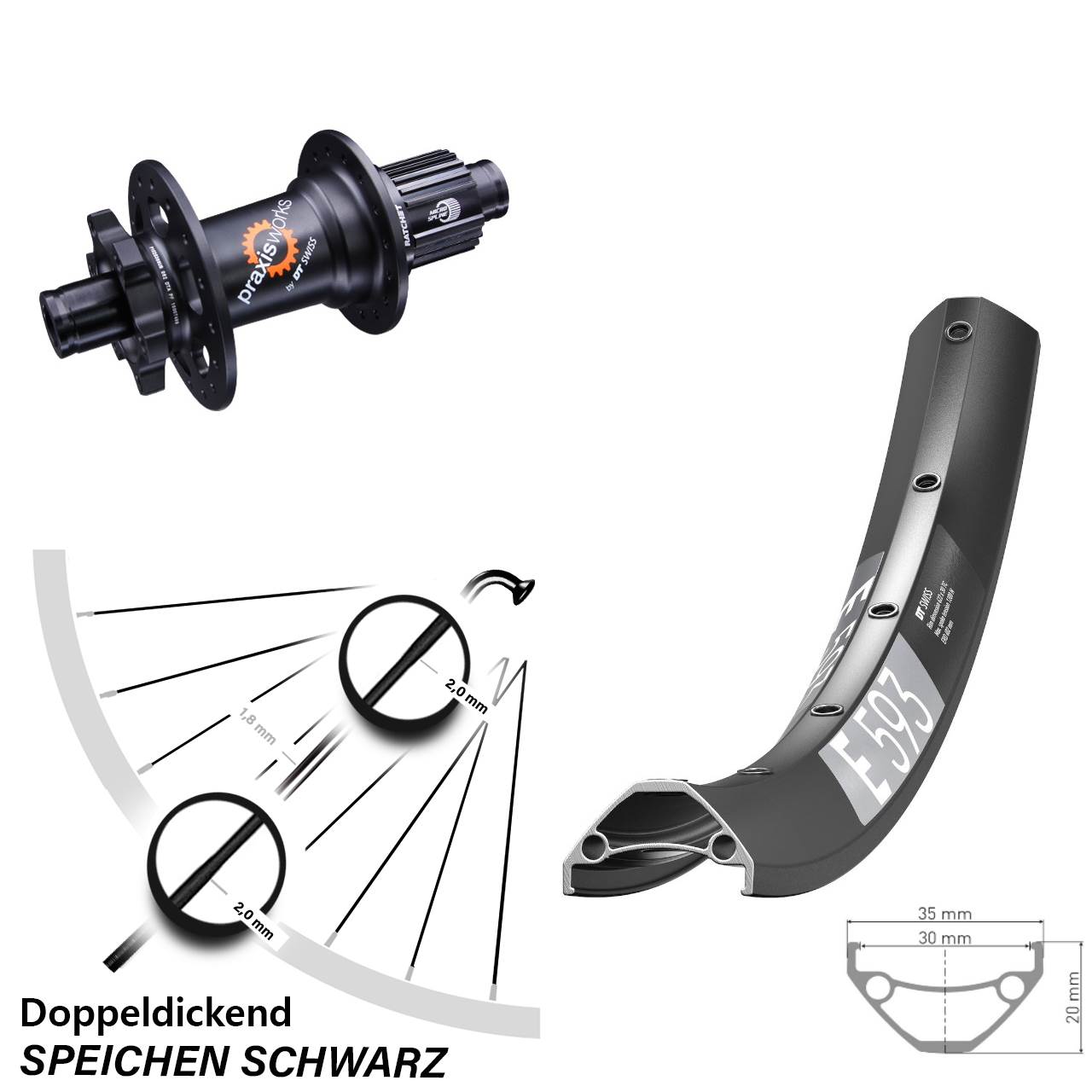 29 Zoll DT Swiss E 593-350 Disc Hinterrad 12x142 Micro Spline