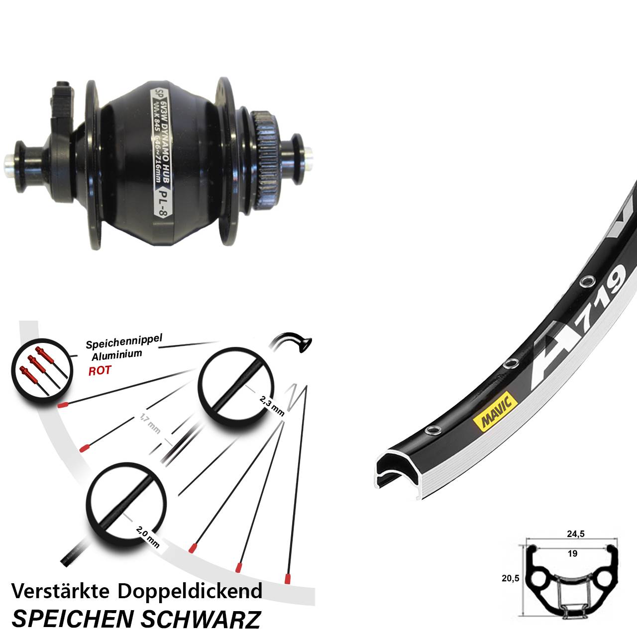 Nabendynamovorderrad QR 28 Zoll Mavic A 719 Shutter Precision PL-8