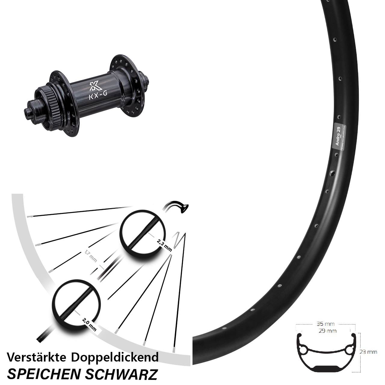 Ryde Andra 29-622 ETRTO E-Bike Vorderrad KX-G Nabe 5x100 mm Centerlock