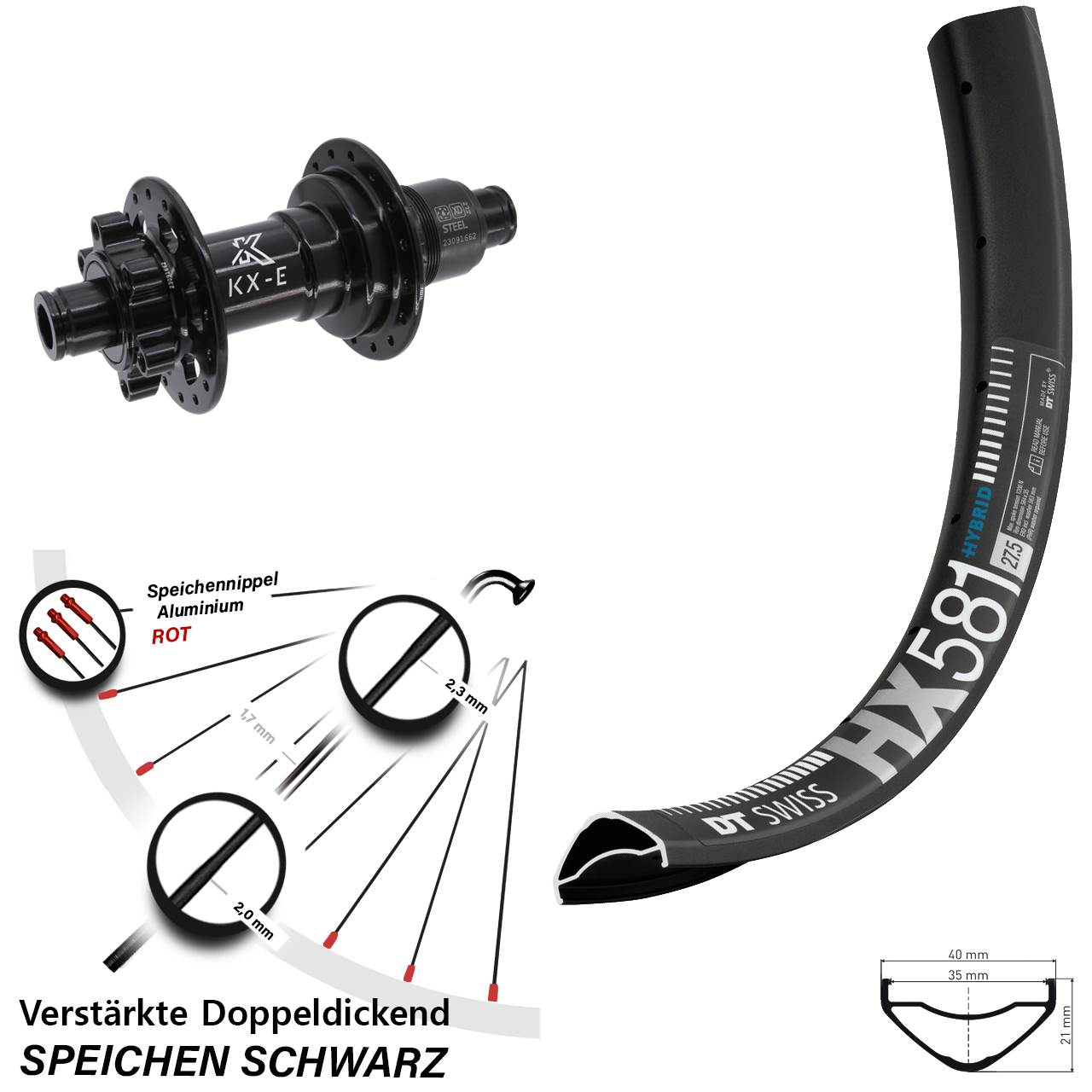 DT Swiss HX581 KX-E Stahl Freilauf 27,5 Zoll 6-Loch Hinterrad 12x148 Boost XD 11-12 fach