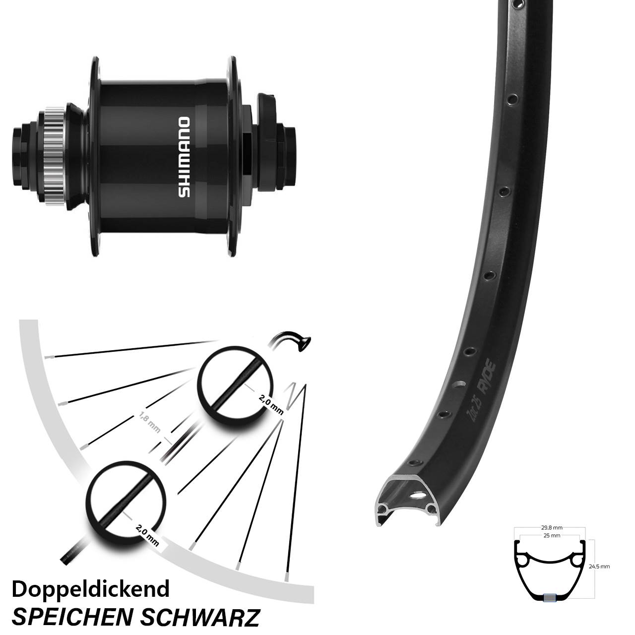 Disc Vorderrad mit Nabendynamo 15x100 28 Zoll Ryde ZAC 25 Shimano DH-UR708