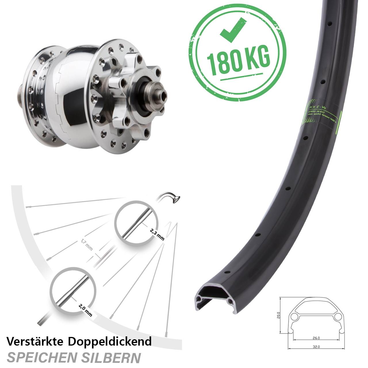 Vorderrad 26 Zoll KX Evo SON 28 6-Loch QR silbern poliert