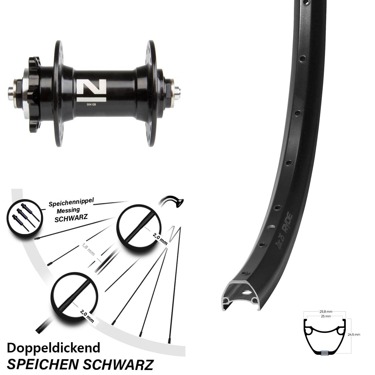 28 Zoll Ryde ZAC 25 Novatec D-041 Disc Vorderrad QR
