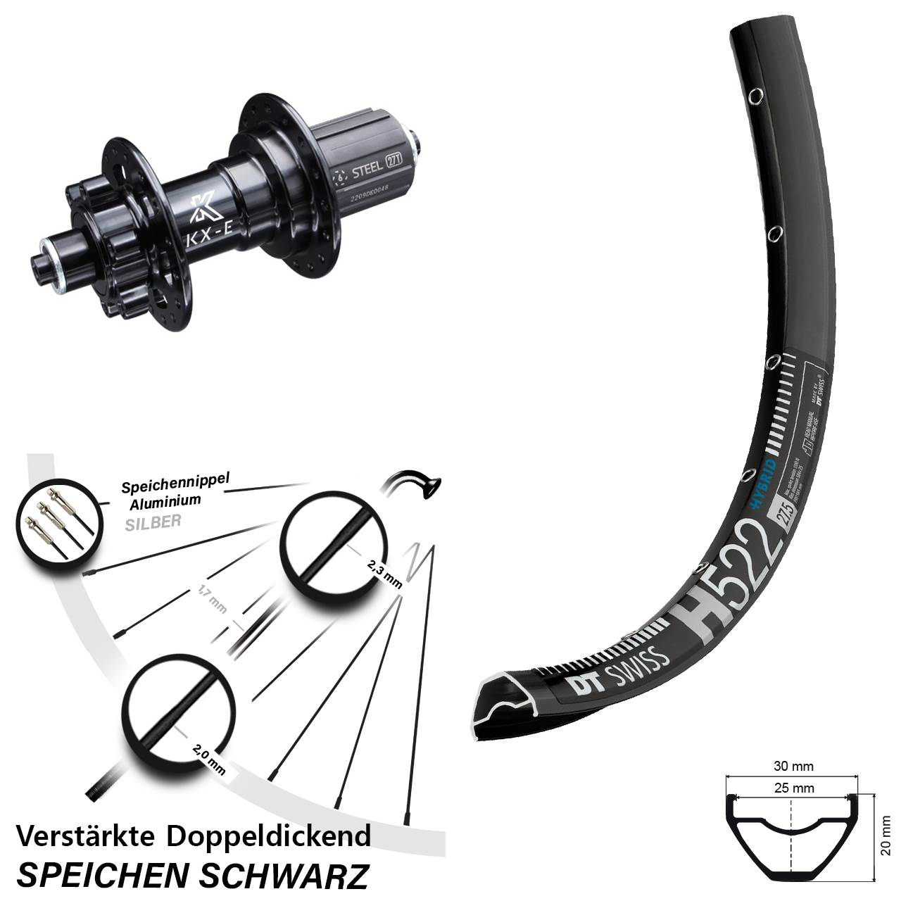 28-29 Zoll KX-E 6-loch DT Swiss H 522 Disc Hinterrad für Schnellspanner 8-12 fach