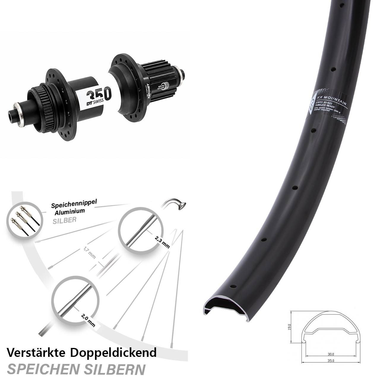 29 Zoll KX Mountain TR DT Swiss 350 Hinterrad Centerlock QR Boost Micro Spline