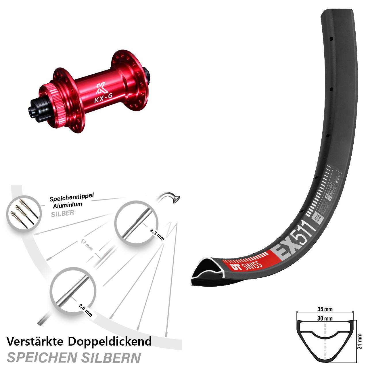 Disc Laufrad 29 Zoll DT Swiss EX 511 KX-G rot QR