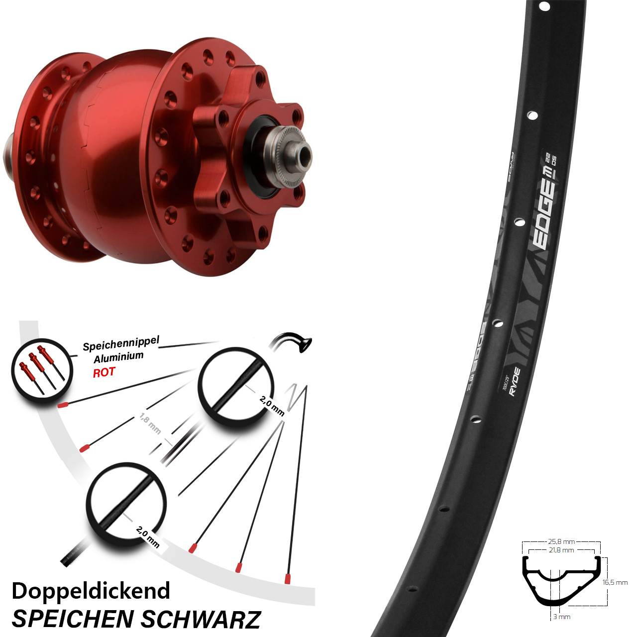 SON 28 Dynamo rot eloxiert Ryde Edge M22 Vorderrad 29 Zoll 6-loch Schnellspanner