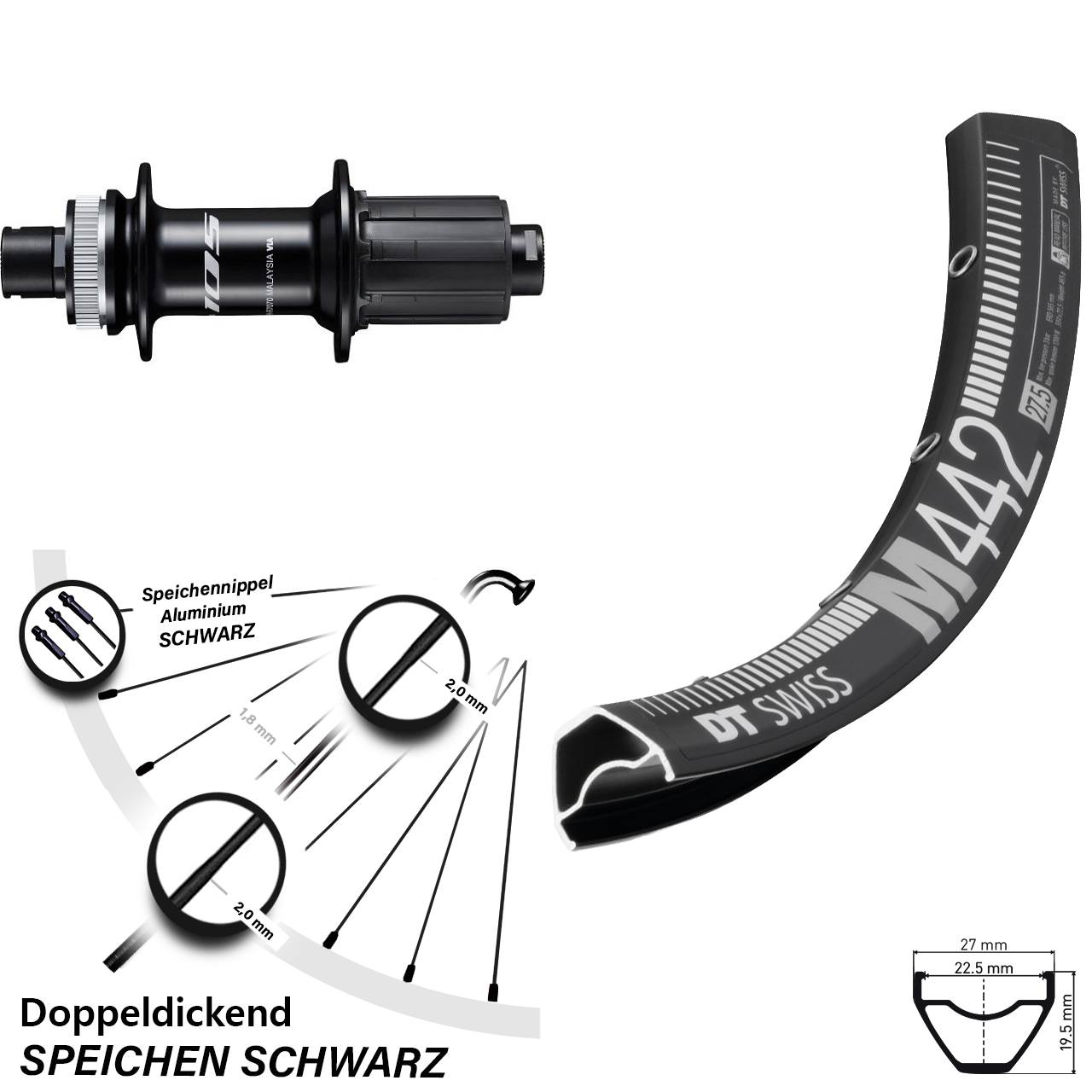 Hinterrad Centerlock 12x142 28 Zoll DT Swiss M442 Shimano 105 8-12 fach