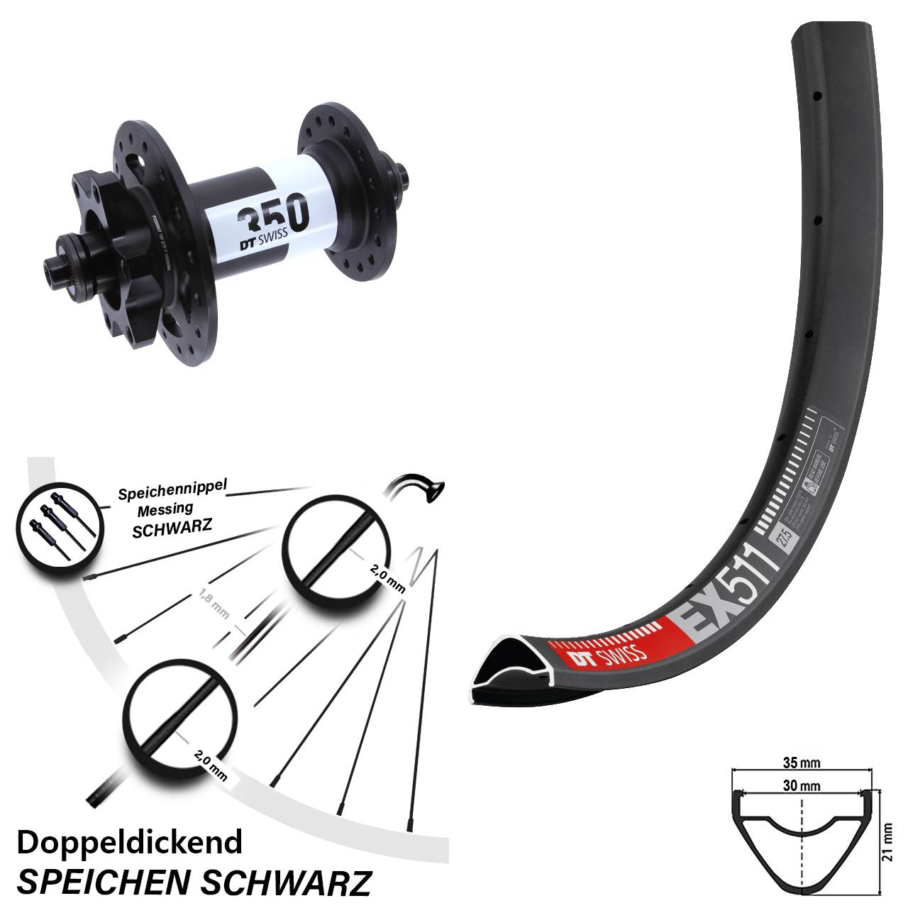 Vorderrad DT Swiss EX 511-350 27,5 Zoll 6-Loch QR