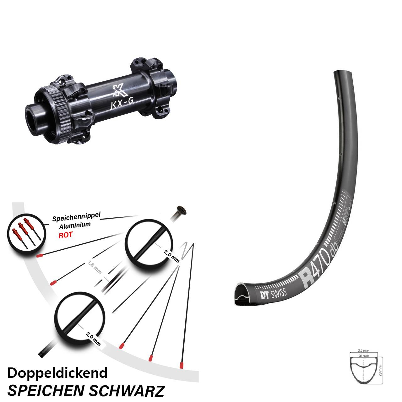 28 Zoll Vorderrad KX-G 12x100 mm Straightpull DT Swiss R 470 DB Centerlock