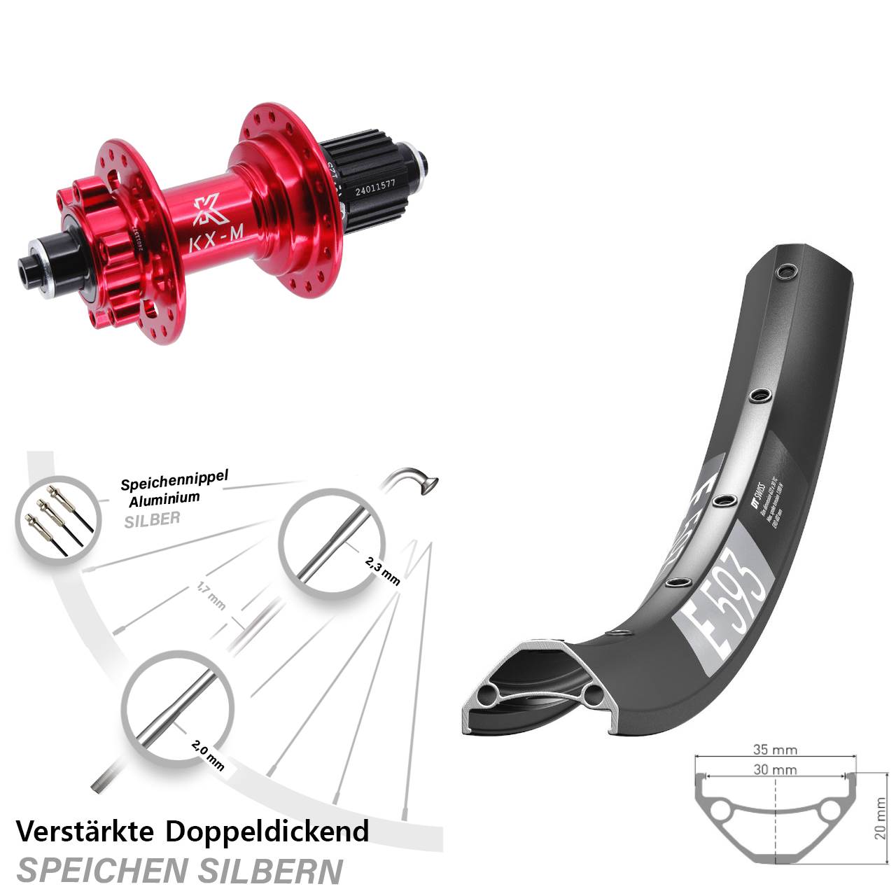 Disc Hinterrad 29 Zoll DT Swiss E 593 KX-M rot Shimano Micro Spline für Schnellspanner