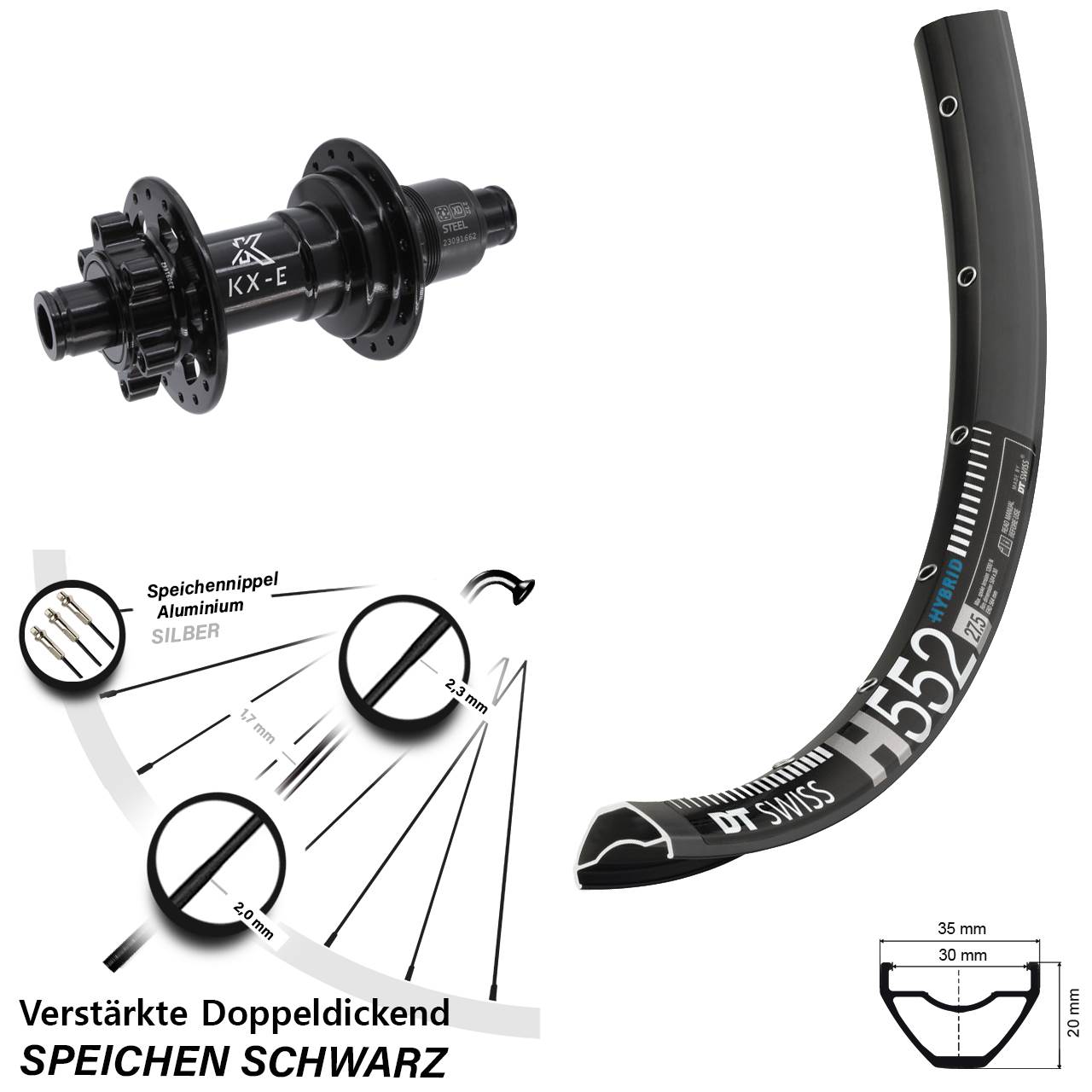 DT Swiss H552 KX-E Stahl Freilauf 29 Zoll 6-Loch Hinterrad 12x148 Boost SRAM XD