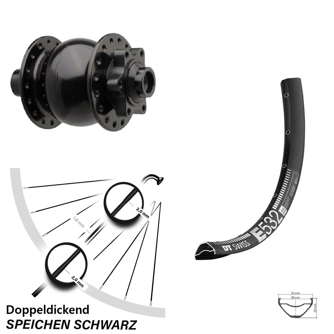 DT Swiss E 532 Vorderrad 29 Zoll Dynamo Son 28-15 Disc 6-Loch Steckachse 110 mm Boost