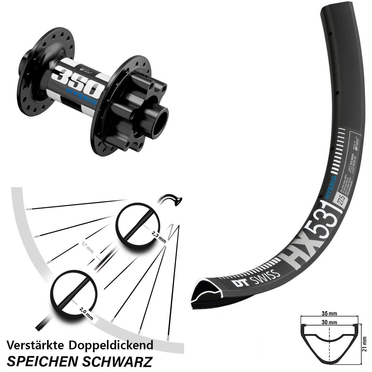 E-Bike Vorderrad 29 Zoll HX 531 DT Swiss 350 Hybrid Boost 6-Loch 15x110 mm 6-och verstärkt